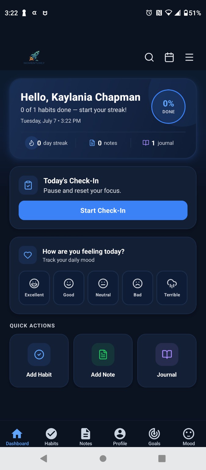 Momentumly app dashboard investor preview